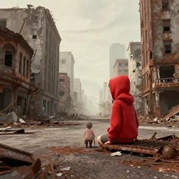artwork, blown out lighting, abandoned city, paper texture, movie scene, distant shot of red hoody cellshaded girl sitting under a rusty robot in deserted dusty shinjuku junk town, old pawn shop, bright ground, lurking robot monster in background, dusty, pencil lines, ink