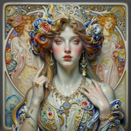 a beautiful woman made from porcelain in intricate detailed color oilpaint, 3 d render, hyper realistic detailed, distopian surrealism, intense colors, hyper detailed, octane render, concept art, by peter mohrbacher, by alphonse mucha, by wlop, by ruan jia
