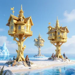 frozen carribean beach with gilded age treehouses, by peter mohrbacher dan mumford craig mullins nekro, cgsociety, pixiv, volumetric light, 3 d render