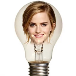 color studio photo of emma watson inside a light bulb, smiling, closeup, detailed