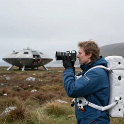 tourist astronaut visiting the Isle of Harris, Scotland, a spaceship in the background, 35 mm lens, large format camera, photorealistic