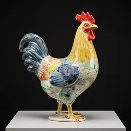 colourful chicken, a surreal contemporary ceramic sculpture on a plinth, by victo ngai, by hikari shimoda, by tracie grimwood, plain black background