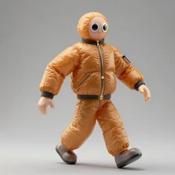 a single striding slender figurine of a tall giant inflated space man wearing over sized amber puffy bomber jacket, long bendy arms and legs, googly eyes, tareme eyes, small head, personification, dynamic pose, detailed product photo, tone mapped, beautiful composition, 8 5 mm, f 5. 8, soft lighting