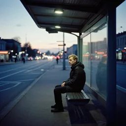 a lomographic photo of russian lone man sitting in bus station at evening, cinestill, bokeh