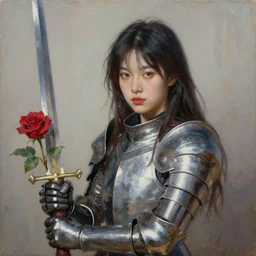 girl in armor holds a sword with roses. by Daniel F. Gerhartz, hyperrealistic oil painting, 4k, very detailed faces