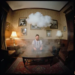 kodak portra 4 0 0, wetplate, fisheye, award - winning portrait photo by britt marling, 1 9 2 0 s room, chaos, messi, picture frames, a cloud, dust, 1 9 2 0 s furniture, wallpaper, carpet, shining lamp, muted colours, wood, fog,