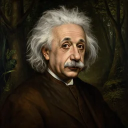 A detailed renaissance painting of Albert Einstein lost in the dark forest