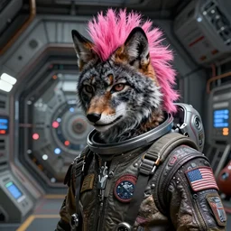 highly detailed, black anthro - lynx, human with head of lynx, pink mohawk hair, facial scar, space hero, wearing patched flight suit, fur texture, in reactor room on the nostromo, science fiction, punk, grunge, alien 1 9 7 9, trending on artstation,