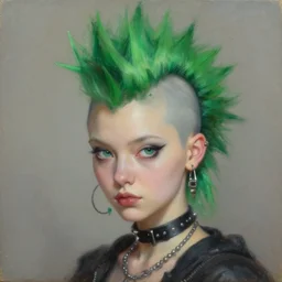 a detailed portrait of cyberpunk cute female with a green mohawk by edouard bisson, green hair, punk rock, looking at the camera, oil painting, muted colours, soft lighting