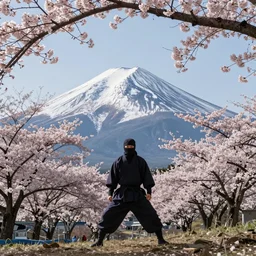 a ninja training on mount fuji surrounded by cherry blossom trees, photorealistic, cinematic