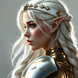 a detailed portrait profile view of oerba dia vanille mixes with charlize theron with platinum blonde wavy hair with white headband with diamonds and armor in golden and silver colors, pointy ears, full body, white long hair, detailed, epic masterpiece of cinematographic hyperrealism, realistic shaded lighting poster by craig mallismo, artgerm, jeremy lipkin and michael garmash,