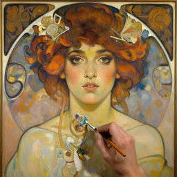 mixing secondary colors with oil paint by alfons maria mucha, sophisticated, photoreal, symmetrical portrait, clear facial features, character concept art, cinematic, rembrandt lighting, mood lighting