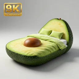 a bed in the shape & color of an avocado!!!, furniture concept photo!!, 8k!!,amazing quality!!! Unreal engine 5!!! Studio lighting!!! Cinema 4D!!