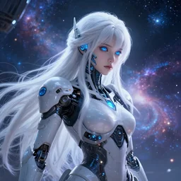 photo of angelawhite as an android girl on a mothership, warframe armor, beautiful face, scifi, nebula, futuristic background, galaxy raytracing, dreamy, focused, sparks of light, complex, long white hair, blue cyborg eyes, glowing, 8 k high definition, insanely detailed, intricate, innocent, art by akihiko yoshida, antilous chao, woo kim