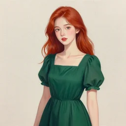 Intricate painting of a beautiful young woman in front of a fabric background with red hair and a dark green dress, smiling by Mary Dimary and Craig Mullins, Fabric texture, gold details, gemstones, Golden thread, emeralds, intricate details, intricate patterns 4k, 8k, HDR