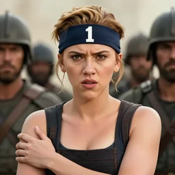scarlett johansson with angry expression, wearing the number 1 headband, surrounded by bandits, she is holding a samurai sword ready to fight. dramatic lighting, afro samurai anime style, pencil and ink manga drawing