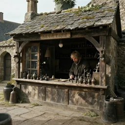 12th century apothecary shop, film still from the game skyrim, wide lens