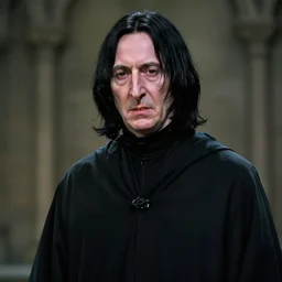 thin man with sallow skin, a large, hooked nose, and yellow, uneven teeth. he has shoulder - length, greasy black hair which frames his face, and cold, black eyes. he wears black, flowing robes, severus snape in hogwarts hall,
