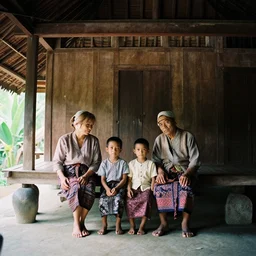 a cinematic photograph of an Indonesian family inside their traditional house, by Gregory Crewdson, shot on 35mm film camera, natural lighting, 8K,