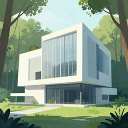 an illustration of a post - modern building in the woods, trending on artstation, central composition, very cartoon, shape focus, high detailed, by m. c. escher