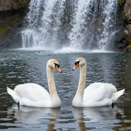 two swans on a lake with waterfalls in the background, photo realistic