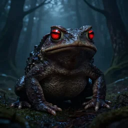 giant evil monsterous slimy toad in the dark forest, glowing red eyes, slimy toads, dark night, midnight, foggy, atmospheric, highly detailed, hyperrealistic, gothic horror, trending on artstation, digital art, dark fantasy, by a creature artist
