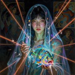 awe-inspiring award-winning concept art full body face portrait painting of attractive anglerfish Ashley Liao in neon shrouds as the goddess of lasers, sparks, by Julie Bell, Jean Delville, Virgil Finlay, Alphonse Mucha, Ayami Kojima, Amano, Charlie Bowater, Karol Bak, Greg Hildebrandt, Jean Delville, Frank Frazetta, Peter Kemp, and Pierre Puvis de Chavannesa, cyberpunk, extremely moody lighting, glowing light and shadow, atmospheric, shadowy, cinematic, 8K,