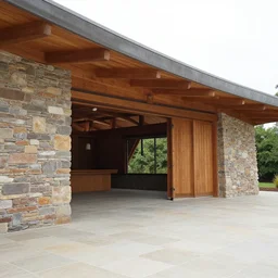 patio and entertainment barn by / frank loyd wright /, stone and wood, open, stone floor