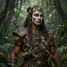 a chad warrior, wearing camouflage, war paint, jungle, deep focus, d & d, fantasy, intricate, elegant, highly detailed, digital painting, artstation, concept art, matte, sharp focus, illustration, hearthstone, art by artgerm and greg rutkowski and alphonse mucha