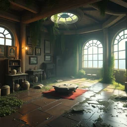 a wholesome animation key shot of a post apocalyptic room, covered by nature hipster vibes by studio ghibli, animation, sharp, rendered in unreal engine 5, focused, anime key art by greg rutkowski, bloom, dramatic lighting