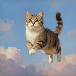 A painting of a jumping cat under the sky, by (Ross Tran, Norman Rockwell, Leonardo da Vinci), beautiful clouds, whole cat body, strong facial features, Trending on Artstation