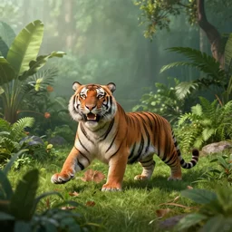 a happy tiger, peaceful, plants environment, wide angle, establishing shot, cinematic lighting, atmospheric, realistic, octane render, highly detailed, color graded, matte painting in the style of craig mullins