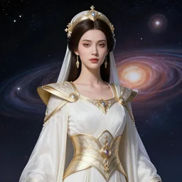 portrait of the powerful empress of the solar system in the style of craig mullins and in the style of chris foss. glowing, ornate and intricate linework, stunning, dynamic lighting, ultrafine and hyperdetailed.