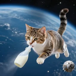 cat drinking milk while flying in space