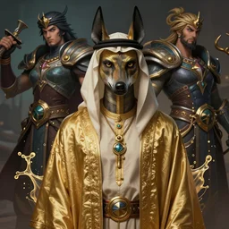 portrait of young arabian nomad half anubian jackal, with golden fabrics, league of legends splash art, castlevania, hearthstone splash art, full body shot, rule of thirds, ultrafine hyperrealistic detailed face, artgerm, greg rutkowski, trending on artstation, 8 k, intricately detailed, highly detailed