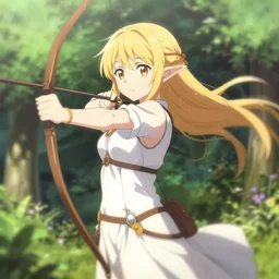 isekai cute anime girl elven archer. in a garden. cute face. aesthetic, golden ratio. beautiful lineart, depth focus, rankings pixiv, artstation, soft lighting, artistic pose, artstation, character concept, cinematic, motion blur, chromatic abberation. by trent kaniuga, kienan lafferty