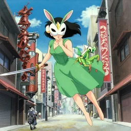 a woman wearing a green dress and a praying mantis mask flying in the air in the streets of Tokyo with two swords, anime film still from the an anime directed by Katsuhiro Otomo with art direction by Salvador Dalí, wide lens