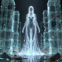 3d, dreaming of a beautiful centered ghostly female body covered in front of ruined glass buildings, intricate details, cyber universe style, volumetric light, reflections, octane render