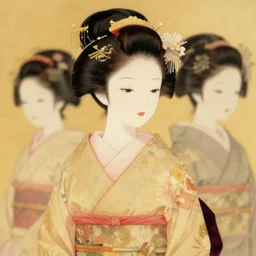 geisha girl by ikenaga yasunari and ayana otake and ko rakusui, drawing, realistic, sharp focus, japanese, dreamy, nostalgia, faded, golden hues, floral clothes