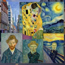 a street-level view of a modern city, van gogh, gustav klimt, goya and edvard munch, trending on artstation