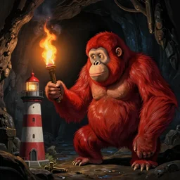 an red orangutan as adventurer lights a lighthouse as torch in the depths of a dark dungeon, dramatic lighting, fluid, smooth, bright, colours, high contrast, sharpness, very detailed, intricate, by studio ghibli, mucha and studio disney and caravaggio