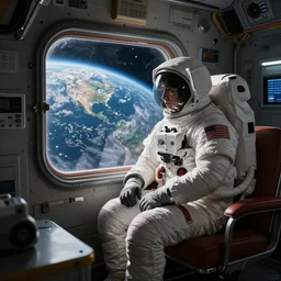 a retro living room in an orbital space station with a sad astronaut looking out the window toward earth