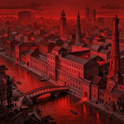 a chinese prison by a river, in the style of beksinski, parts by edward hopper, parts by rodcenko, parts by yue minjun, intricate and epic composition, red by caravaggio, insanely quality, highly detailed, masterpiece, red light, artstation, 4 k