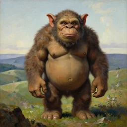 a giant troll standing in a hilly landscape, detailed face. Realistic painting by Thomas Cole and Wayne Barlowe