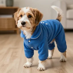 HD photograph of a dog wearing blue pyjamas