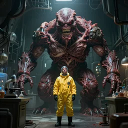 a giant sci-fi horror meat monster in a creepy bunker science lab, a single man in a yellow hazmat suit looks on helplessly