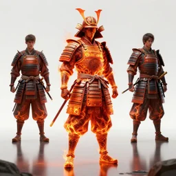 cinematic shots of full body samurai with armor made of fire intricate illustrations by artgerm, greg rutkowski, eng killian and, digital illustration, over - detailed, clear, crisp, smooth, bright colors, stone, dnr, unreal engine, about reflection, rtx reflection, artstation