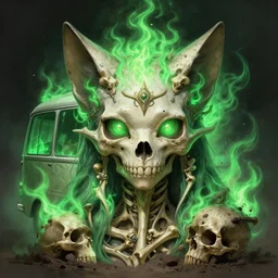 stunning kittenbus as goddess of skull portrait, green fire, bones, dirt, fantasy, intricate, elegant, highly detailed, digital painting, artstation, concept art, smooth, sharp focus, illustration, art by afshar petros and krenz cushart and artem demura and tony sandoval