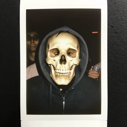 close-up shot of a skull wearing hoodie in 80s, at the party, Polaroid photo, by Warhol