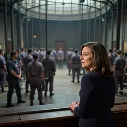 Sheryl Sandberg watching over prisoners in The Panopticon, digital art